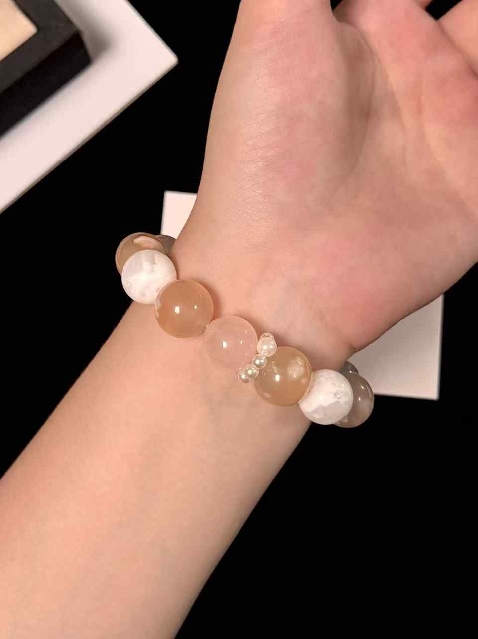 15mm Snow Phantom Quartz, Madagascar Rose Quartz & Cherry Blossom Agate Bracelet | Handcrafted Natural Beaded Jewelry Rooted in Traditional Eastern Culture