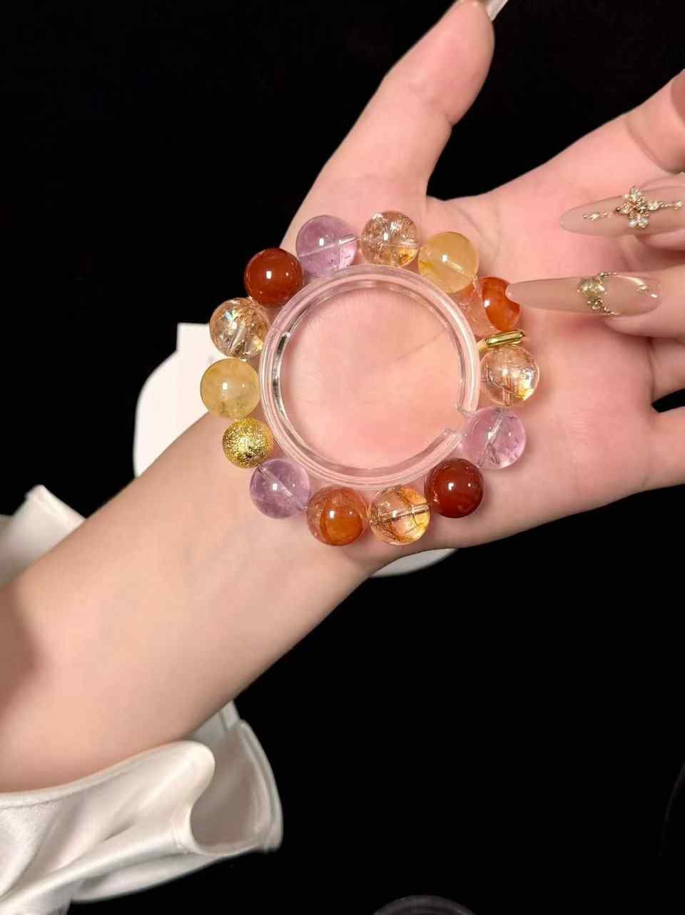 14mm Mixed Gemstone Bracelet | Amethyst, Red Inclusion Quartz, Yellow Inclusion Quartz, Gold-Foil Inclusion Quartz & Red Agate | Traditional Eastern Cultural Aesthetic Handcrafted Jewelry