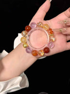 14mm Mixed Gemstone Bracelet | Amethyst, Red Inclusion Quartz, Yellow Inclusion Quartz, Gold-Foil Inclusion Quartz & Red Agate | Traditional Eastern Cultural Aesthetic Handcrafted Jewelry