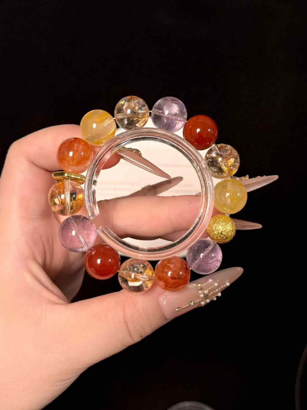 14mm Mixed Gemstone Bracelet | Amethyst, Red Inclusion Quartz, Yellow Inclusion Quartz, Gold-Foil Inclusion Quartz & Red Agate | Traditional Eastern Cultural Aesthetic Handcrafted Jewelry