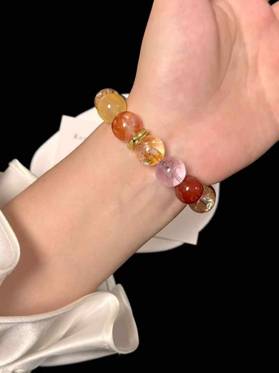 14mm Mixed Gemstone Bracelet | Amethyst, Red Inclusion Quartz, Yellow Inclusion Quartz, Gold-Foil Inclusion Quartz & Red Agate | Traditional Eastern Cultural Aesthetic Handcrafted Jewelry
