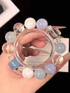 14mm Aquamarine, Blue Agate, Snow Phantom Quartz & Clear Quartz Bracelet | Natural Handcrafted Beaded Jewelry Rooted in Traditional Eastern Culture