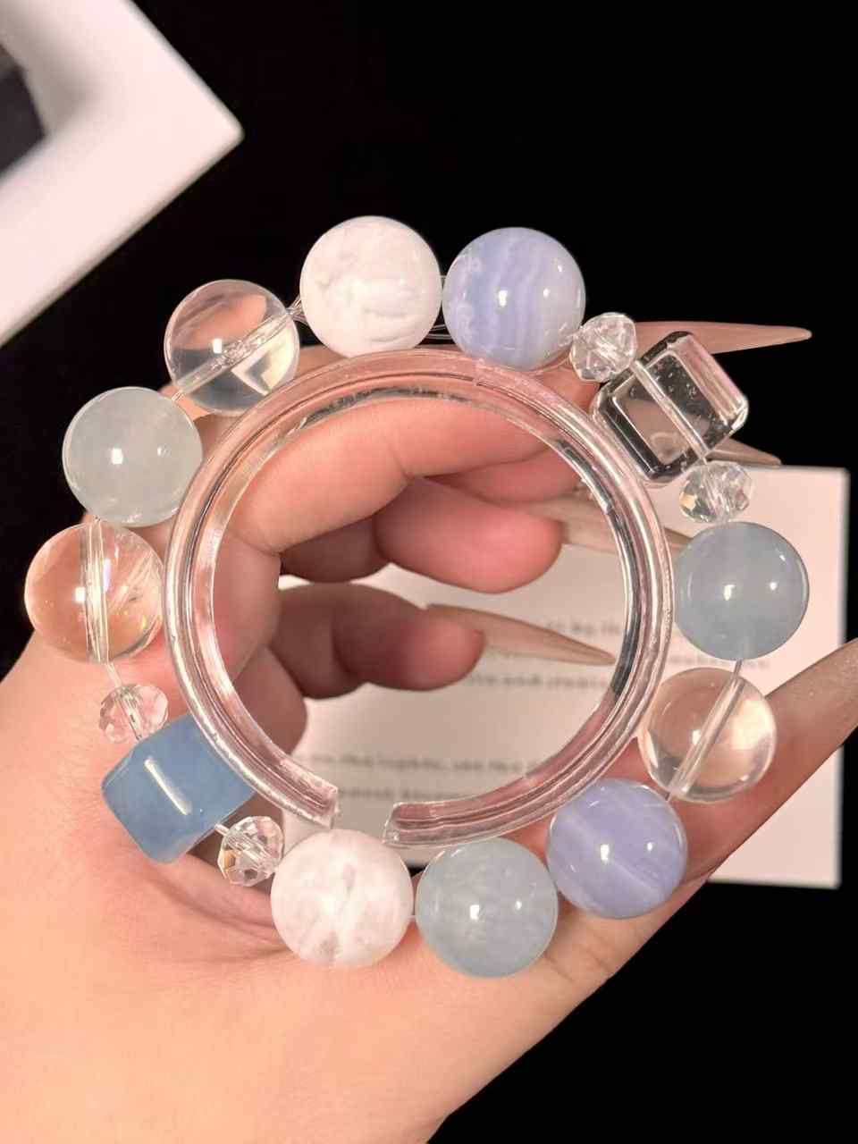 14mm Aquamarine, Blue Agate, Snow Phantom Quartz & Clear Quartz Bracelet | Natural Handcrafted Beaded Jewelry Rooted in Traditional Eastern Culture