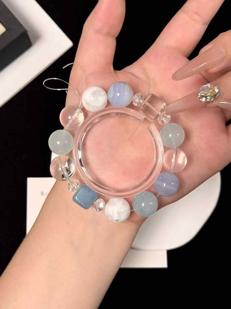 14mm Aquamarine, Blue Agate, Snow Phantom Quartz & Clear Quartz Bracelet | Natural Handcrafted Beaded Jewelry Rooted in Traditional Eastern Culture