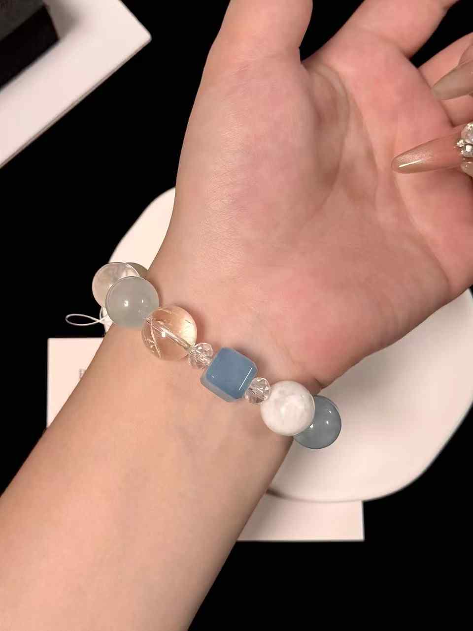 14mm Aquamarine, Blue Agate, Snow Phantom Quartz & Clear Quartz Bracelet | Natural Handcrafted Beaded Jewelry Rooted in Traditional Eastern Culture