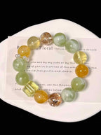 14mm Mixed Gemstone Bracelet | Gold-Foil Inclusion Quartz, Yellow Inclusion Quartz, Citrine & Prehnite | Handcrafted Natural Jewelry Rooted in Traditional Eastern Culture
