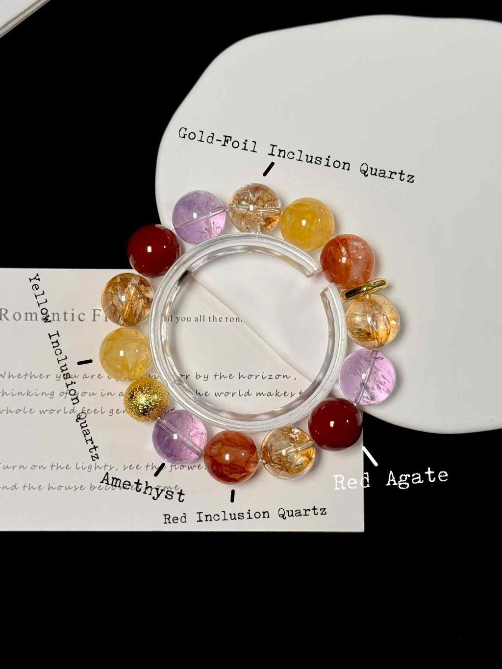 14mm Mixed Gemstone Bracelet | Amethyst, Red Inclusion Quartz, Yellow Inclusion Quartz, Gold-Foil Inclusion Quartz & Red Agate | Traditional Eastern Cultural Aesthetic Handcrafted Jewelry