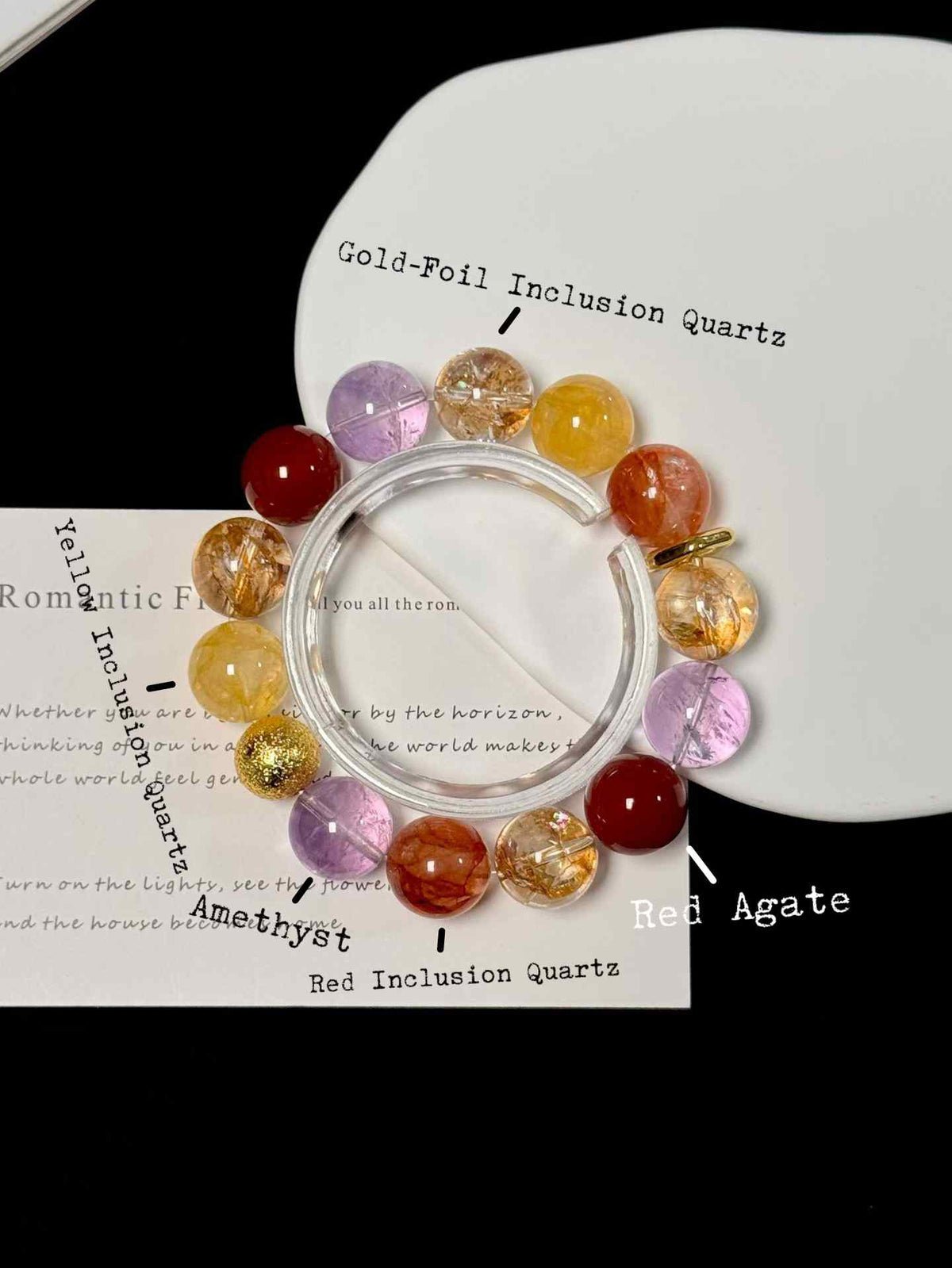 14mm Mixed Gemstone Bracelet | Amethyst, Red Inclusion Quartz, Yellow Inclusion Quartz, Gold-Foil Inclusion Quartz & Red Agate | Traditional Eastern Cultural Aesthetic Handcrafted Jewelry