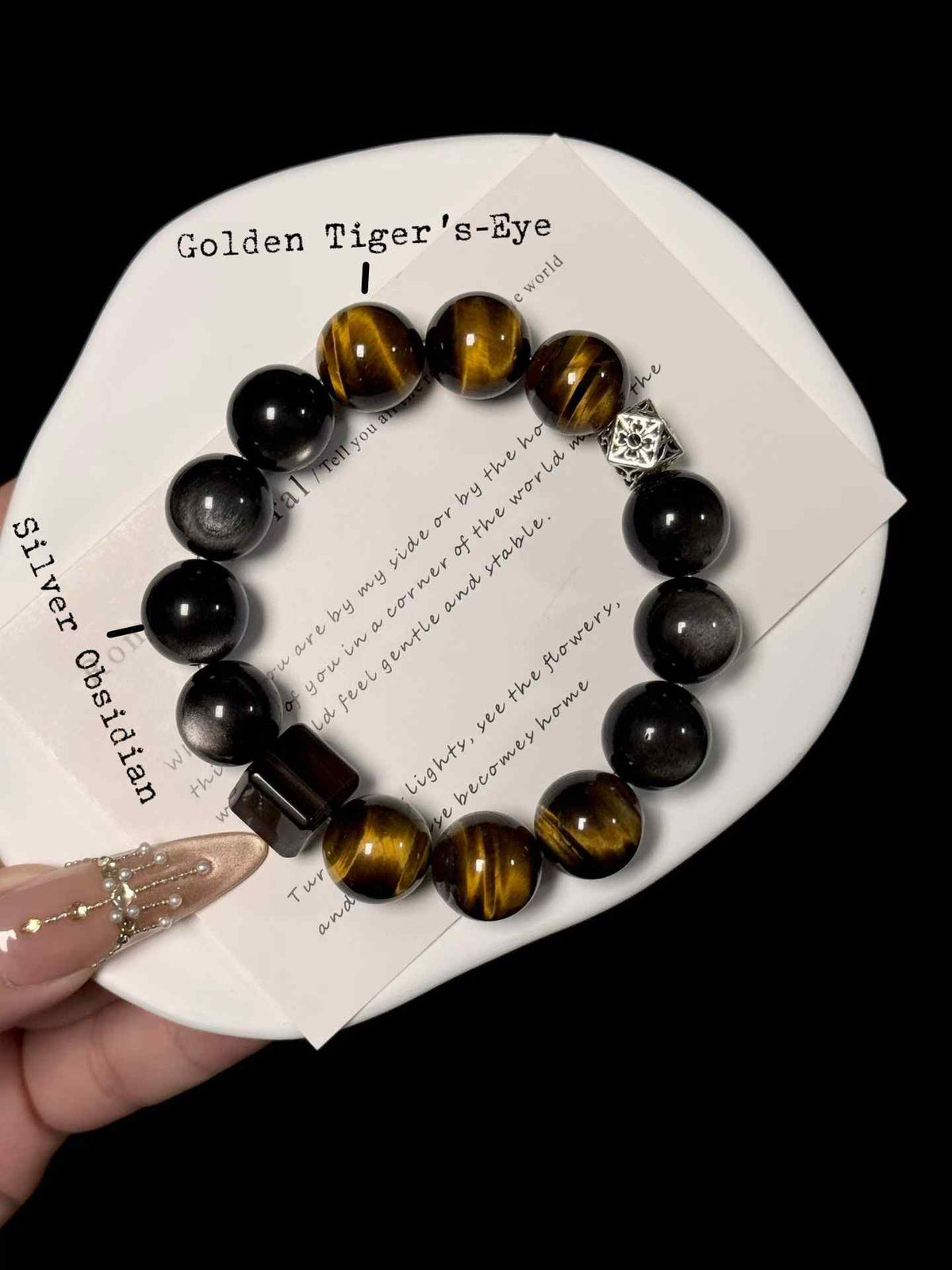 14mm Golden Tiger’s-Eye & Silver Obsidian Bracelet | Natural Handcrafted Beaded Jewelry Rooted in Traditional Eastern Culture