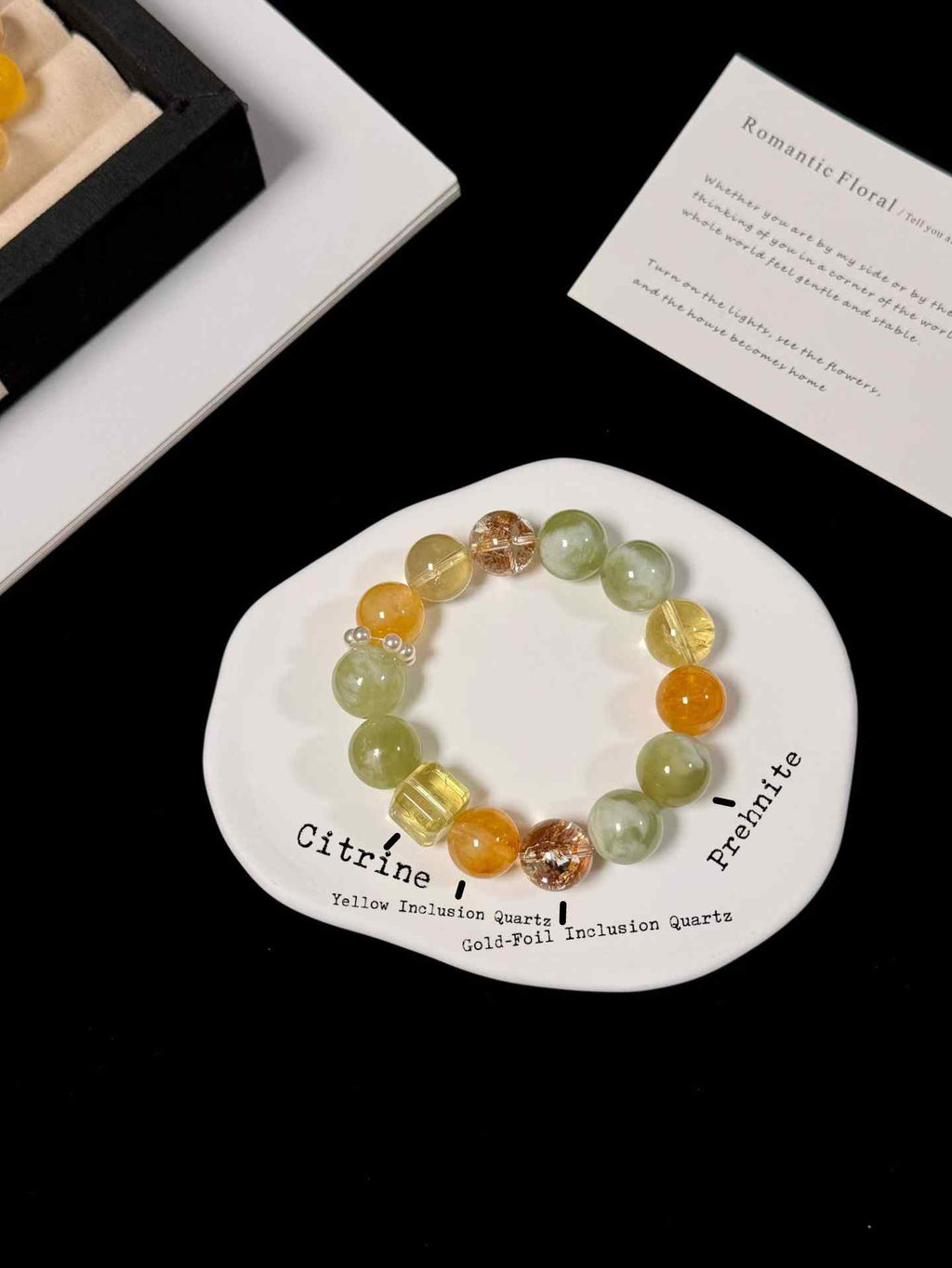14mm Mixed Gemstone Bracelet | Gold-Foil Inclusion Quartz, Yellow Inclusion Quartz, Citrine & Prehnite | Handcrafted Natural Jewelry Rooted in Traditional Eastern Culture
