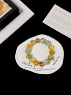 14mm Mixed Gemstone Bracelet | Gold-Foil Inclusion Quartz, Yellow Inclusion Quartz, Citrine & Prehnite | Handcrafted Natural Jewelry Rooted in Traditional Eastern Culture