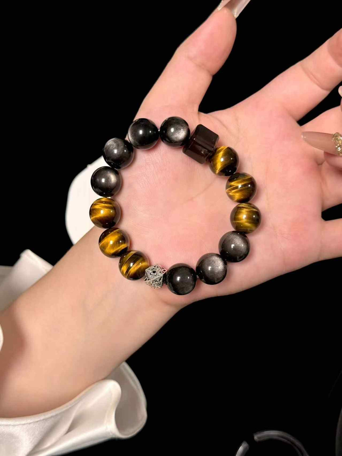 14mm Golden Tiger’s-Eye & Silver Obsidian Bracelet | Natural Handcrafted Beaded Jewelry Rooted in Traditional Eastern Culture