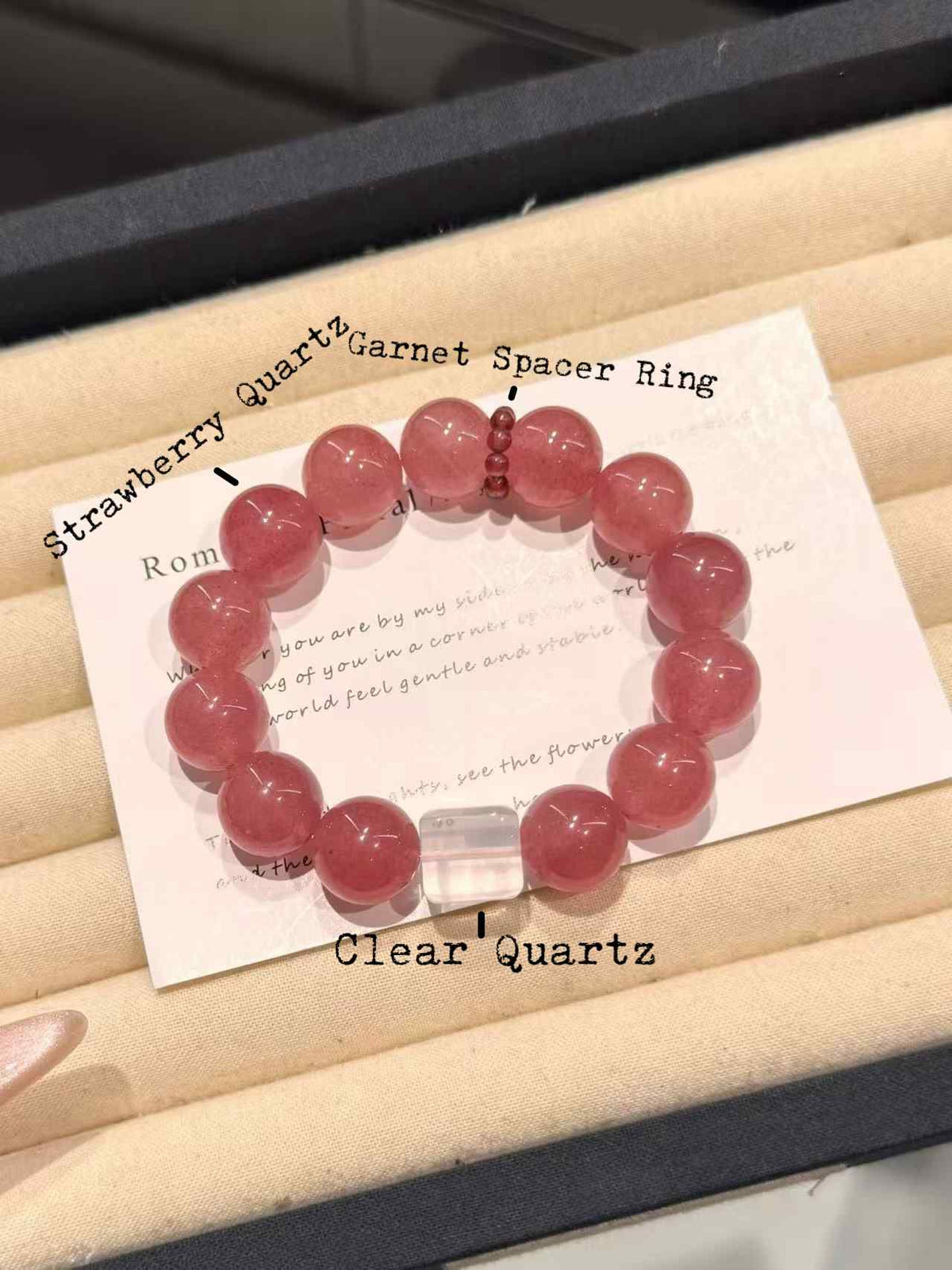 13.5mm Strawberry Quartz & Clear Quartz Bracelet with Garnet Spacer Ring | Handcrafted Natural Stone Jewelry Rooted in Traditional Eastern Culture