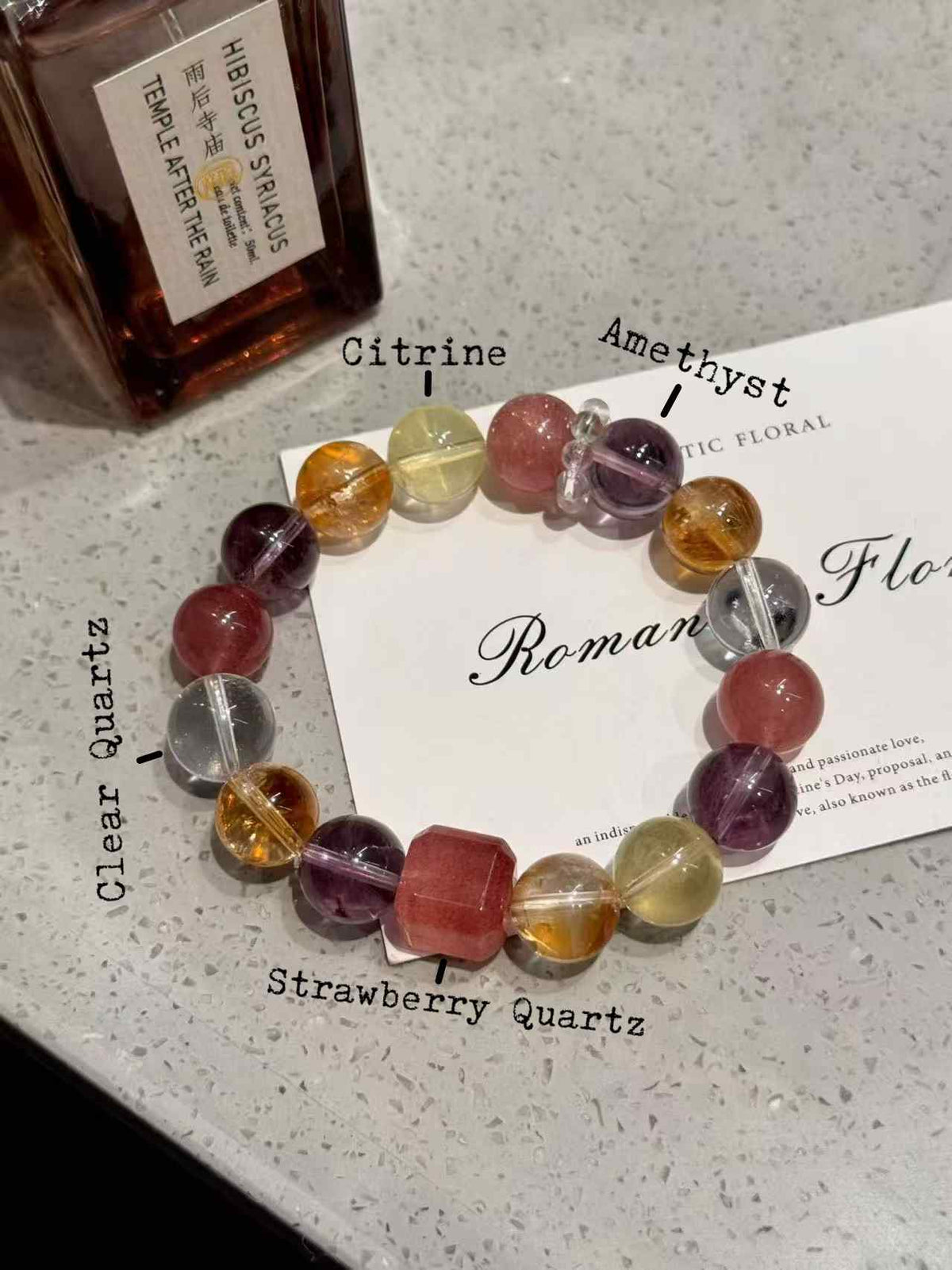 12mm Citrine, Amethyst, Strawberry Quartz & Clear Quartz Bracelet | Handcrafted Natural Beaded Jewelry Rooted in Traditional Eastern Culture
