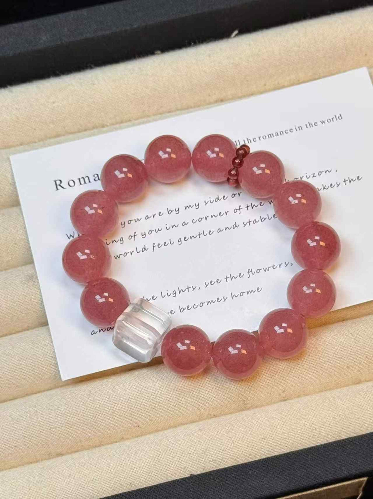 13.5mm Strawberry Quartz & Clear Quartz Bracelet with Garnet Spacer Ring | Handcrafted Natural Stone Jewelry Rooted in Traditional Eastern Culture