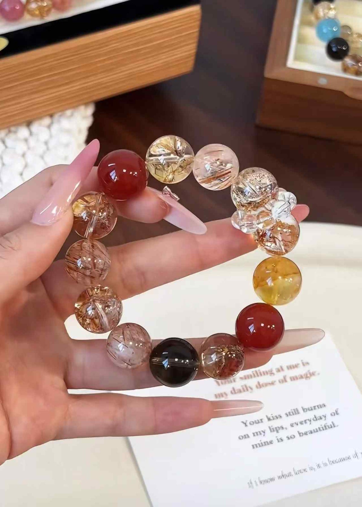 15mm Mixed Gemstone Bracelet | Gold-Foil Inclusion Quartz, Smoky Quartz, Black-Gold Super Seven, Yellow Inclusion Quartz & Red Agate | Handcrafted Natural Beaded Jewelry Rooted in Traditional Eastern Culture