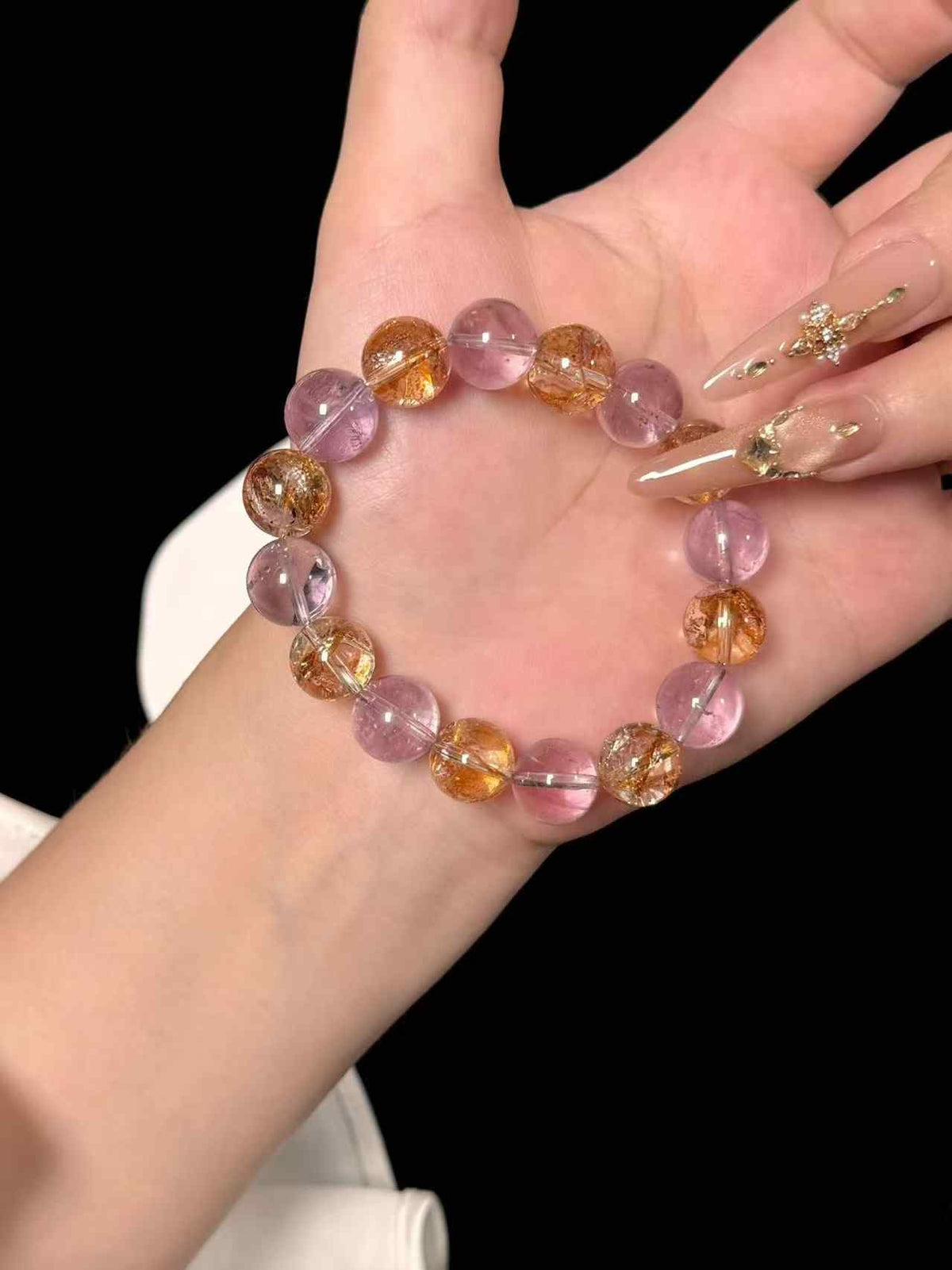 12mm Amethyst & Gold-Foil Inclusion Quartz Bracelet | Handcrafted Natural Beaded Jewelry Rooted in Traditional Eastern Culture
