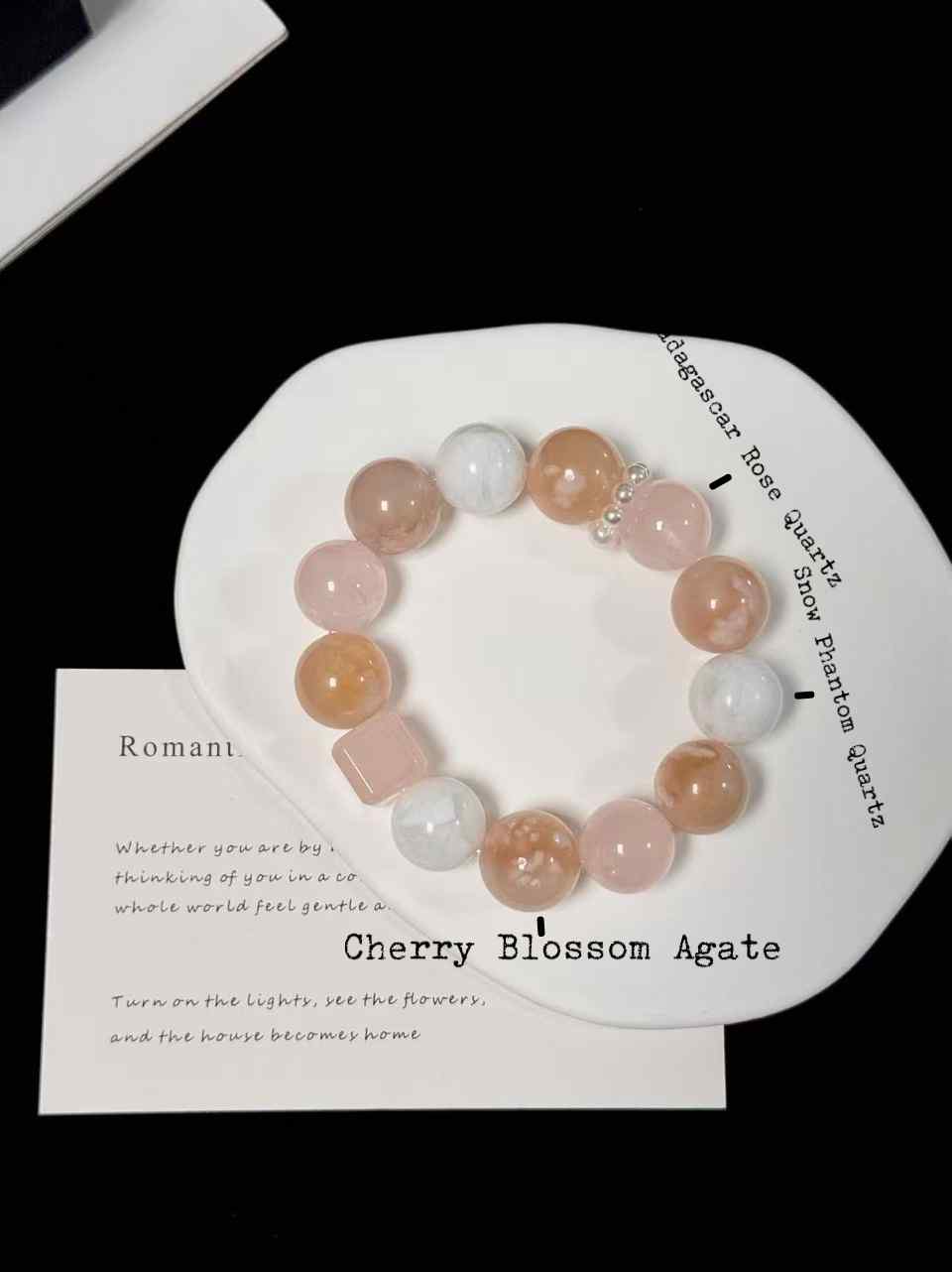 15mm Snow Phantom Quartz, Madagascar Rose Quartz & Cherry Blossom Agate Bracelet | Handcrafted Natural Beaded Jewelry Rooted in Traditional Eastern Culture