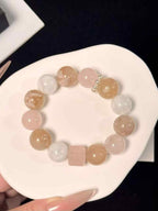 15mm Snow Phantom Quartz, Madagascar Rose Quartz & Cherry Blossom Agate Bracelet | Handcrafted Natural Beaded Jewelry Rooted in Traditional Eastern Culture