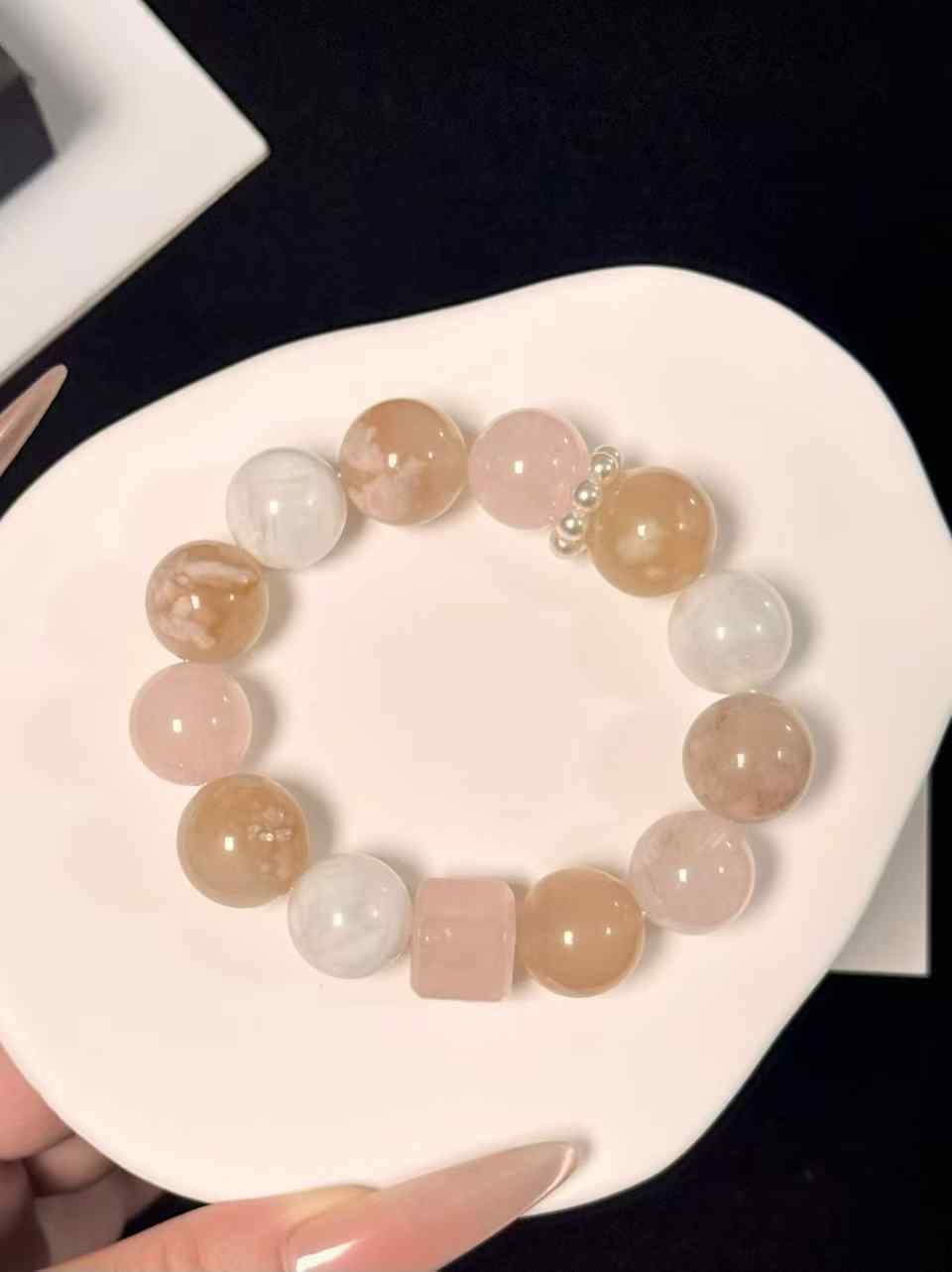15mm Snow Phantom Quartz, Madagascar Rose Quartz & Cherry Blossom Agate Bracelet | Handcrafted Natural Beaded Jewelry Rooted in Traditional Eastern Culture