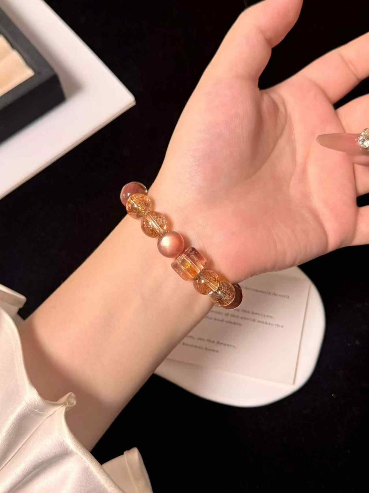 12mm Pink Lepidolite & Gold-Foil Inclusion Quartz Bracelet | Handcrafted Natural Beaded Jewelry Rooted in Traditional Eastern Culture