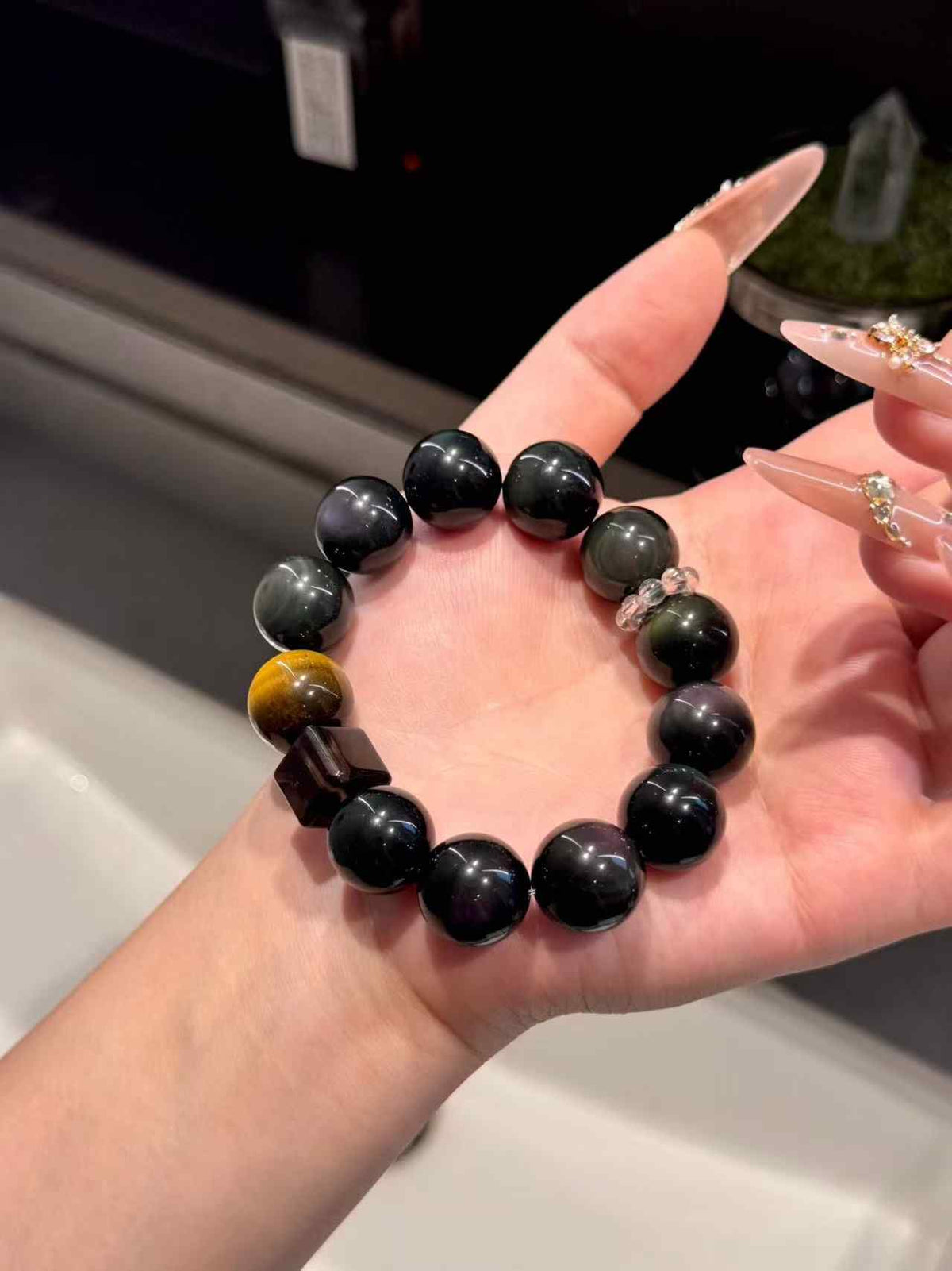 15mm Rainbow Obsidian & Golden Tiger’s Eye Bracelet | Handcrafted Natural Stone Beaded Jewelry Rooted in Traditional Eastern Culture