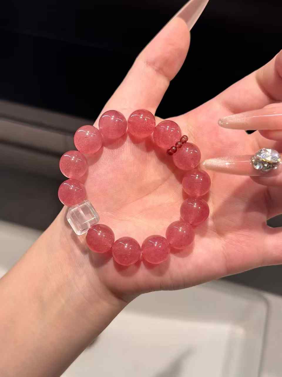 13.5mm Strawberry Quartz & Clear Quartz Bracelet with Garnet Spacer Ring | Handcrafted Natural Stone Jewelry Rooted in Traditional Eastern Culture