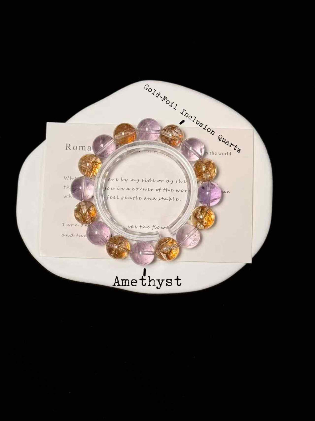 12mm Amethyst & Gold-Foil Inclusion Quartz Bracelet | Handcrafted Natural Beaded Jewelry Rooted in Traditional Eastern Culture