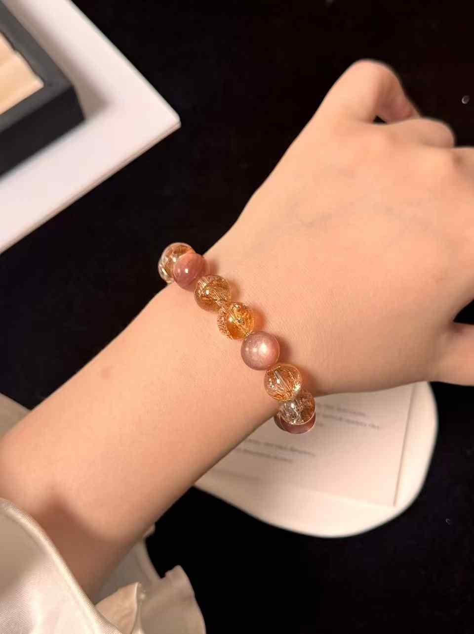 12mm Pink Lepidolite & Gold-Foil Inclusion Quartz Bracelet | Handcrafted Natural Beaded Jewelry Rooted in Traditional Eastern Culture