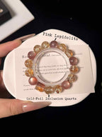12mm Pink Lepidolite & Gold-Foil Inclusion Quartz Bracelet | Handcrafted Natural Beaded Jewelry Rooted in Traditional Eastern Culture