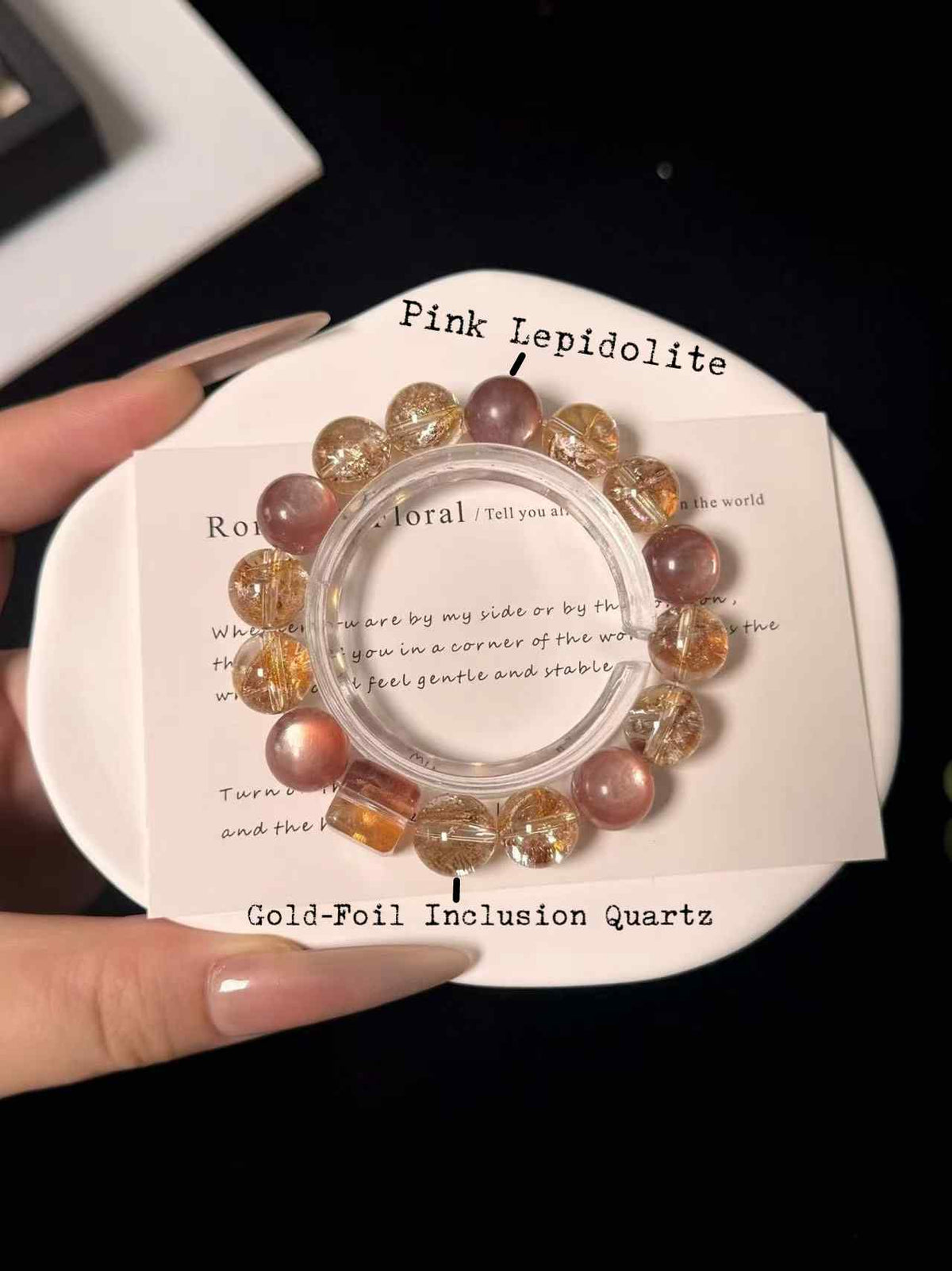 12mm Pink Lepidolite & Gold-Foil Inclusion Quartz Bracelet | Handcrafted Natural Beaded Jewelry Rooted in Traditional Eastern Culture