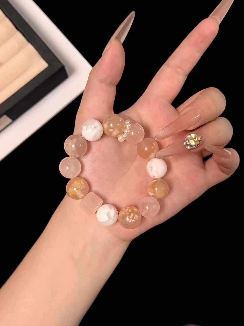 15mm Snow Phantom Quartz, Madagascar Rose Quartz & Cherry Blossom Agate Bracelet | Handcrafted Natural Beaded Jewelry Rooted in Traditional Eastern Culture