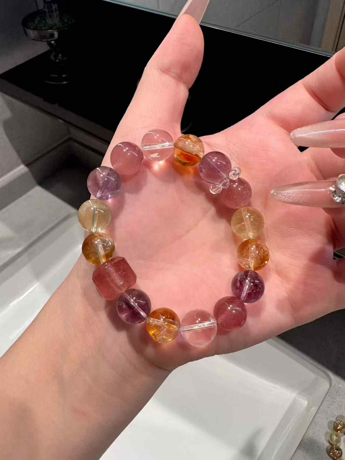 12mm Citrine, Amethyst, Strawberry Quartz & Clear Quartz Bracelet | Handcrafted Natural Beaded Jewelry Rooted in Traditional Eastern Culture