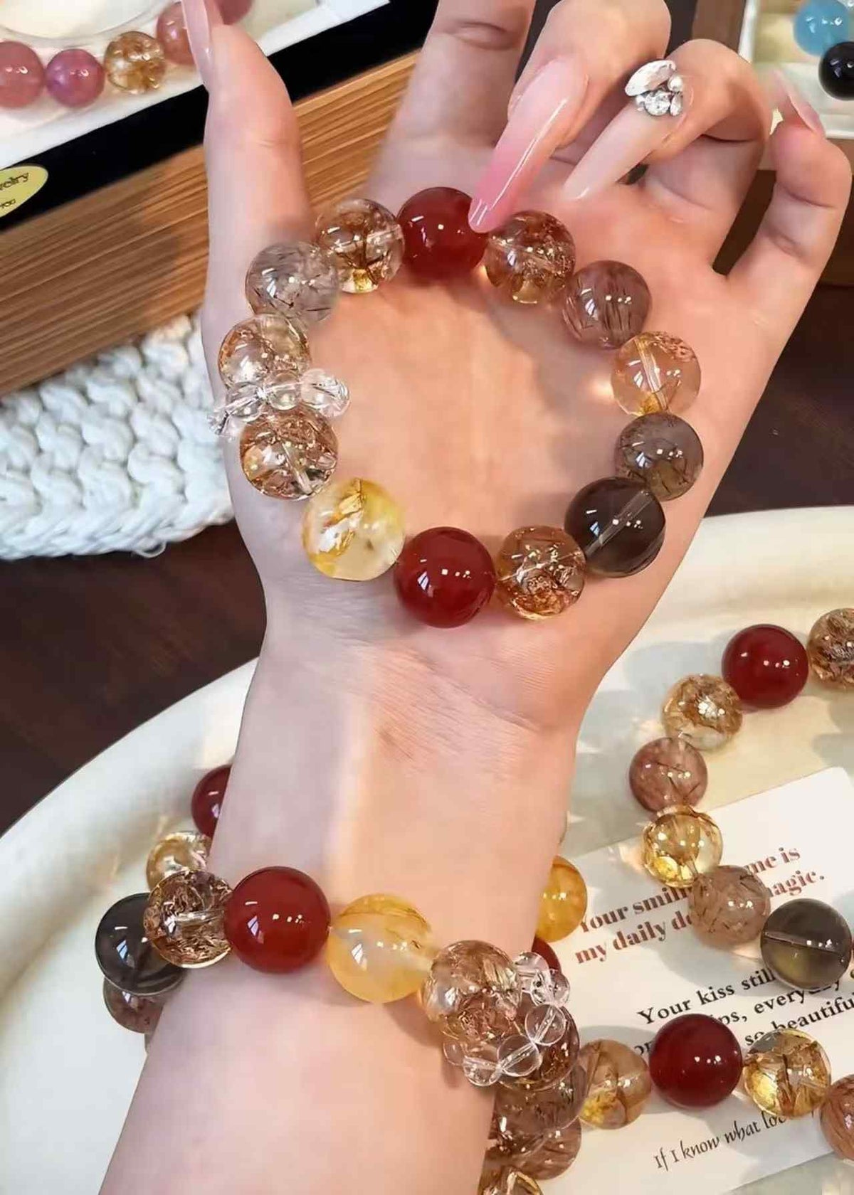 15mm Mixed Gemstone Bracelet | Gold-Foil Inclusion Quartz, Smoky Quartz, Black-Gold Super Seven, Yellow Inclusion Quartz & Red Agate | Handcrafted Natural Beaded Jewelry Rooted in Traditional Eastern Culture