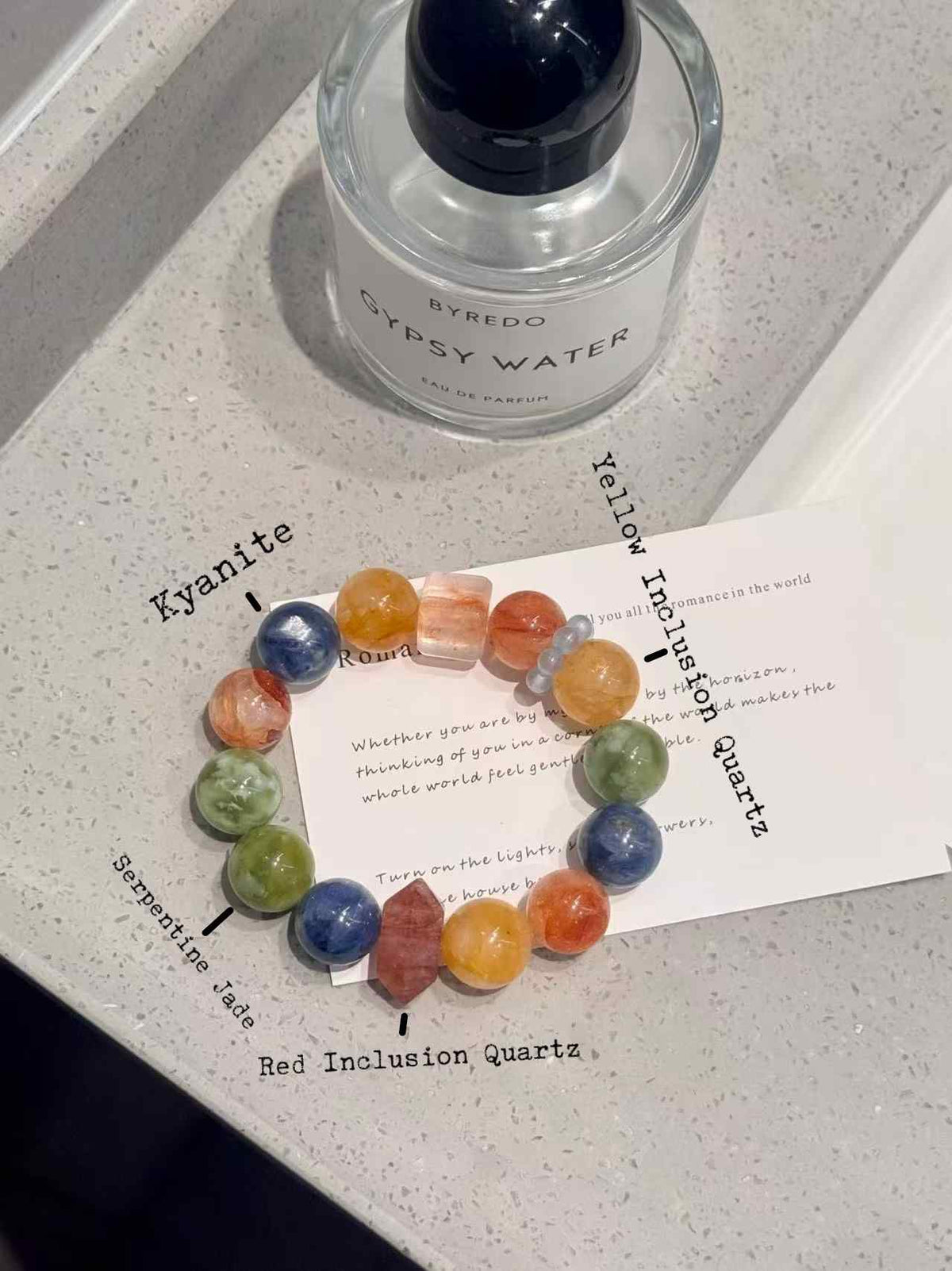 15mm Kyanite, Red Inclusion Quartz, Yellow Inclusion Quartz & Serpentine Jade Bracelet | Handcrafted Natural Beaded Jewelry Rooted in Traditional Eastern Culture
